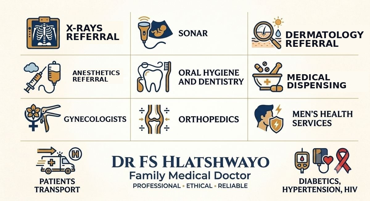 Overview of medical services offered: X-Ray Referral, Sonar, Dermatology Referral, Anaesthetic Referral, Oral Hygiene and Dentistry, Medical Dispensing, Gynaecology, Orthopaedics, Men's Health, Patient Transport, and Chronic Disease Management